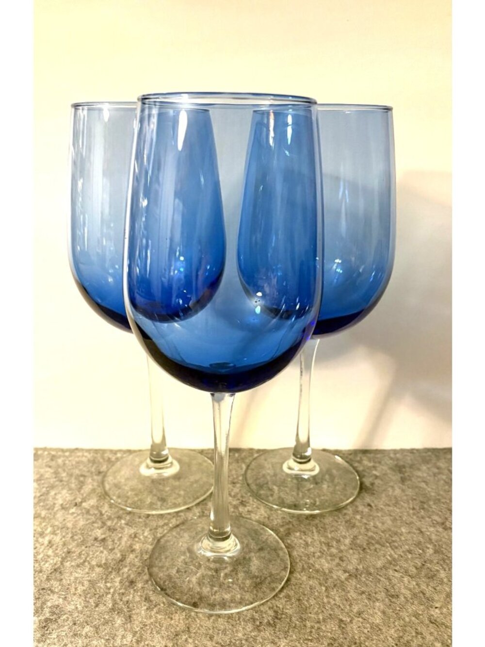 3 Large Cobalt Blue and Clear 9" Wine Glasses # 3480